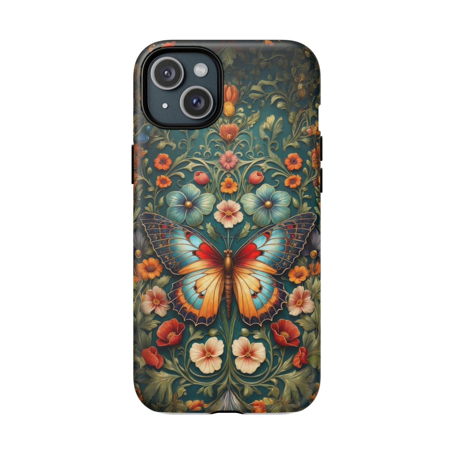 Phone case with a colorful butterfly and floral design on a white background