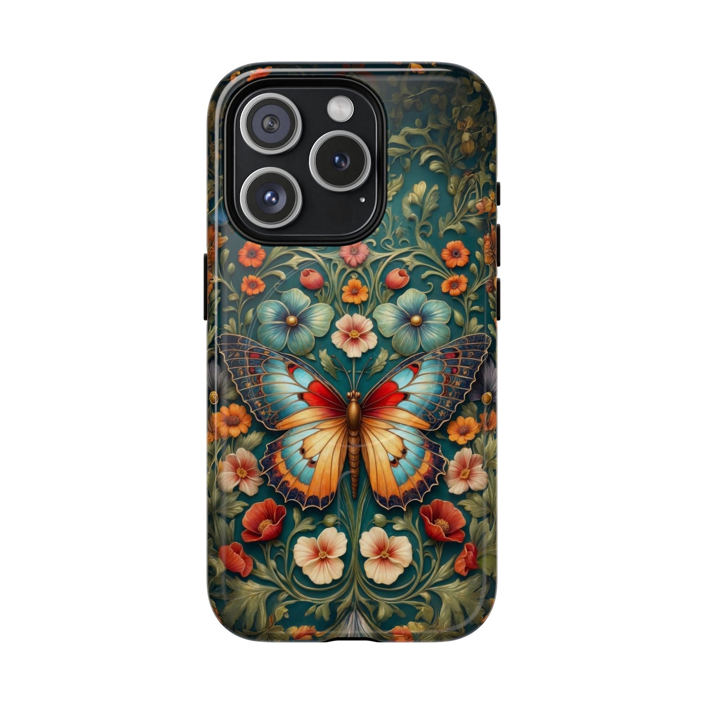Phone case with a colorful butterfly and floral design on a white background