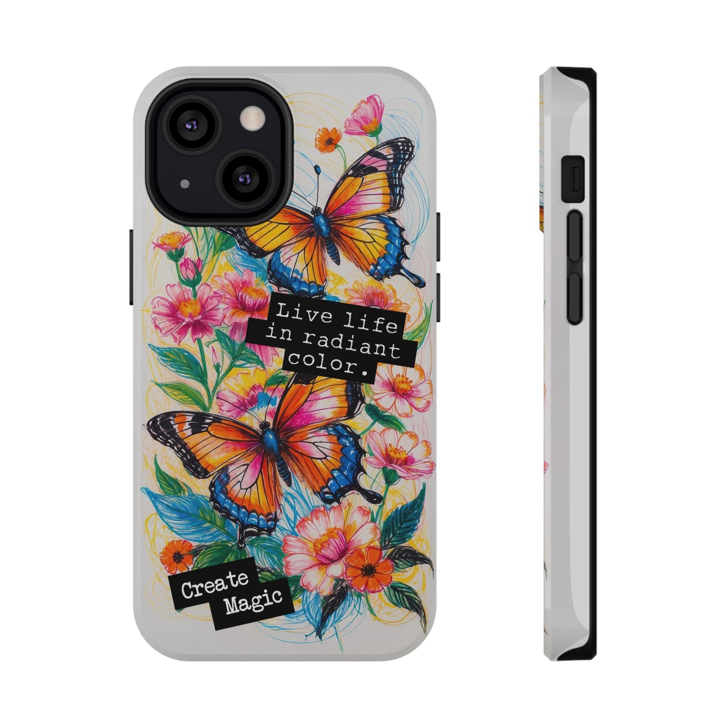 iPhone Cases - Colorful Butterfly and Flower Sketch - Impact-Resistant Cases