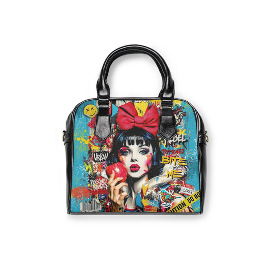 Handbag with a colorful design featuring a stylized face and text on a white background