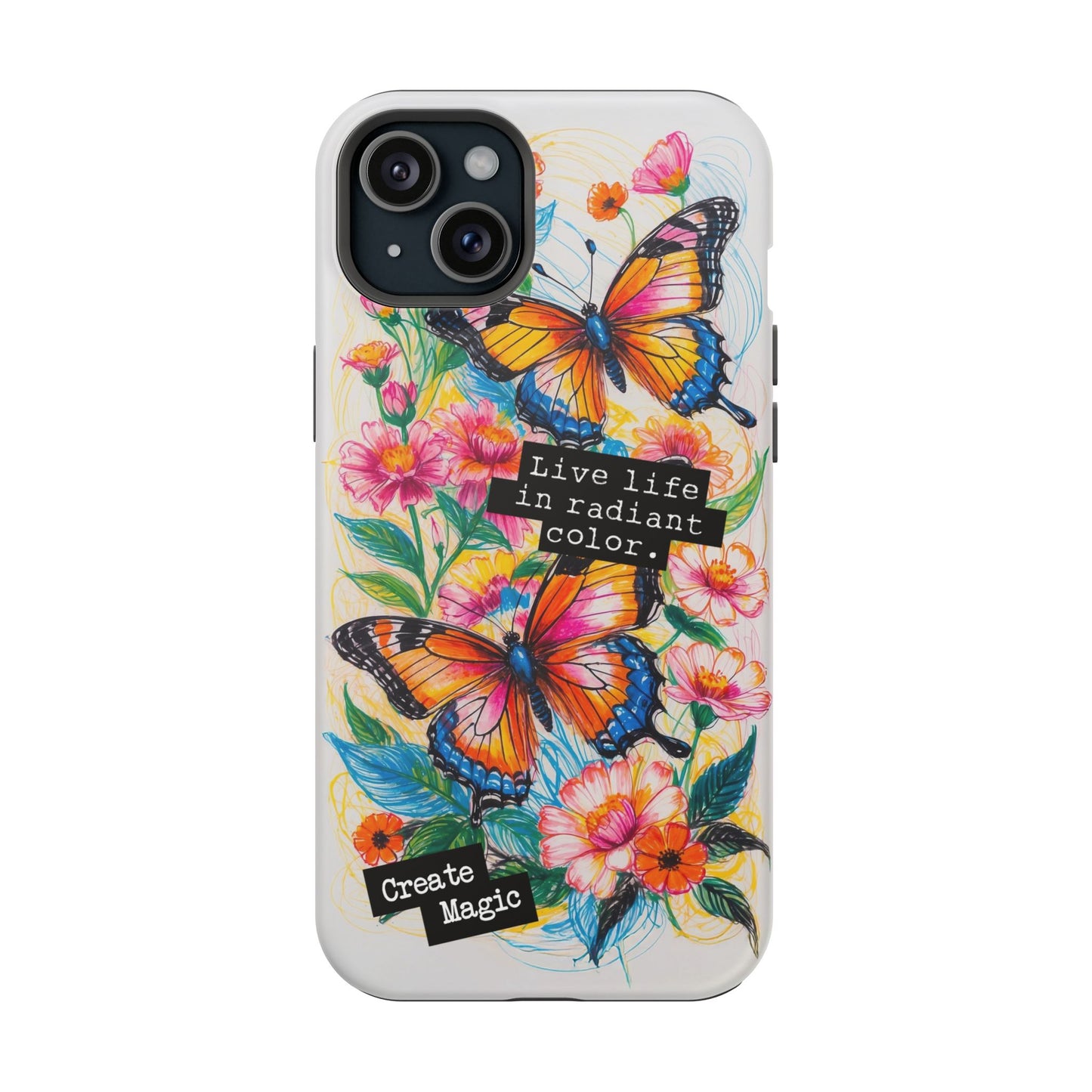 iPhone Cases - Colorful Butterfly and Flower Sketch - Impact-Resistant Cases
