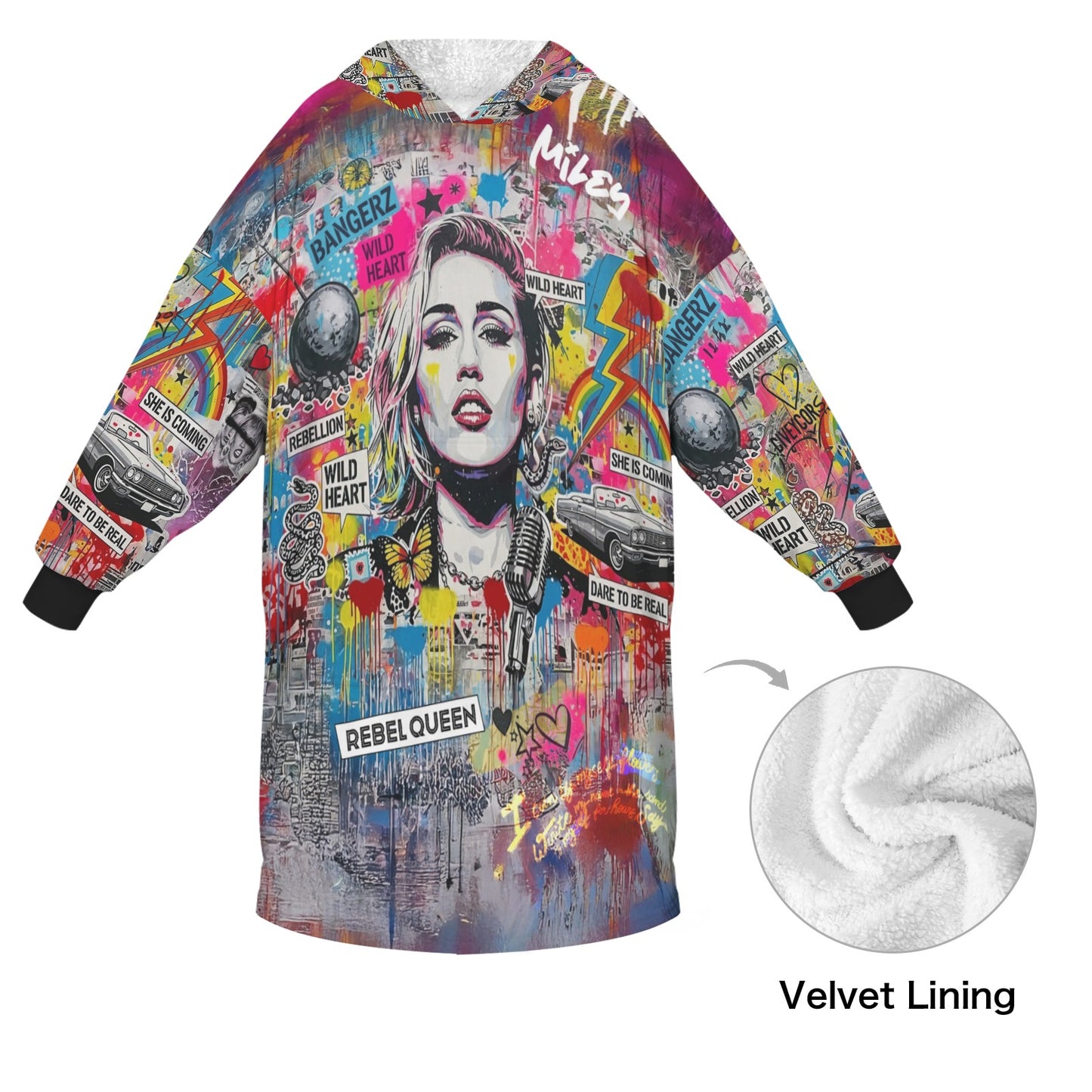 Colorful hoodie with graphic design and 'Rebel Queen' text, showing velvet lining.