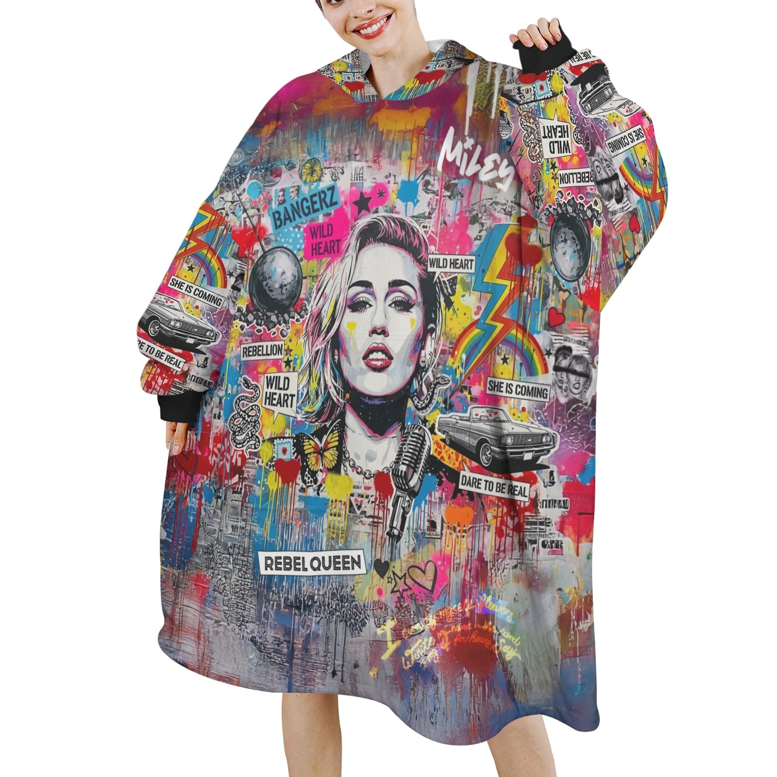Colorful hoodie with graphic design of a face and text, worn by a person.