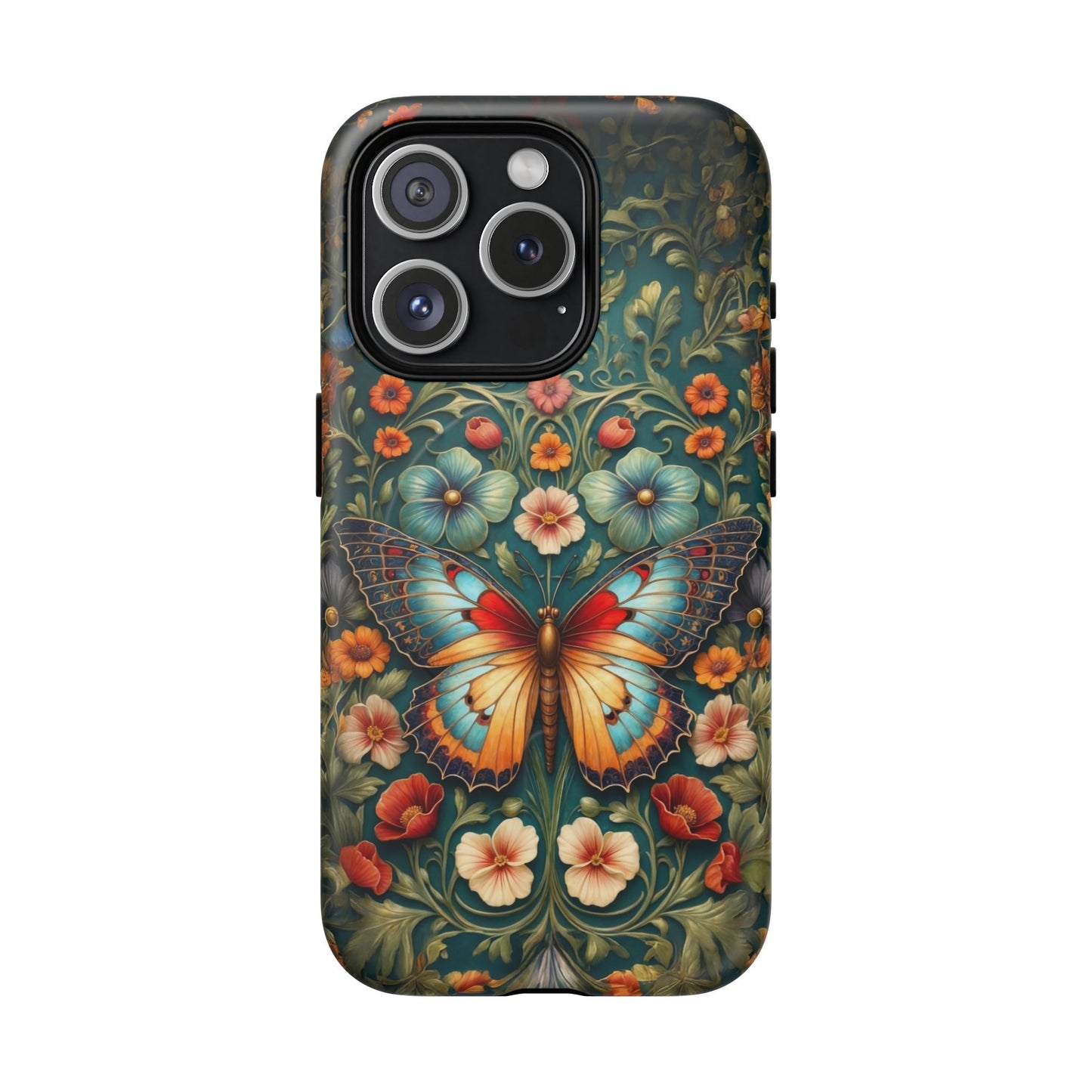 Phone case with a colorful butterfly and floral design on a dark background