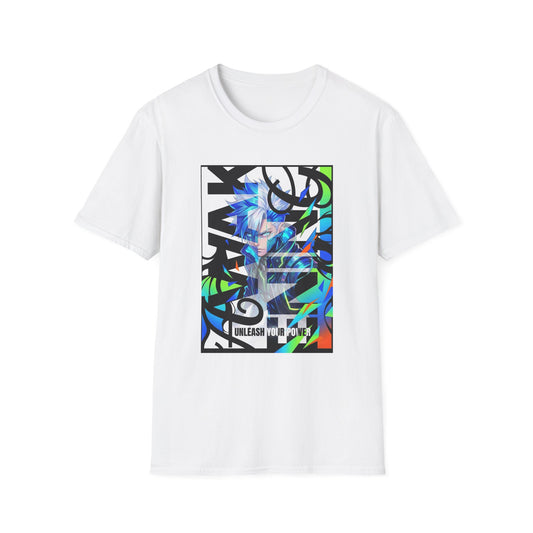 White t-shirt with colorful graphic design on a white background
