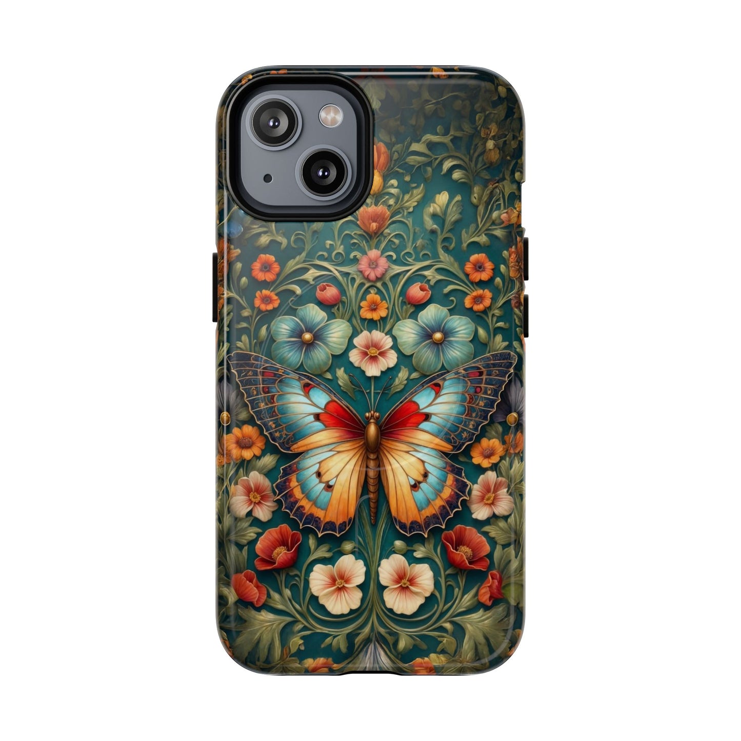 Phone case with a colorful butterfly and floral design on a dark background