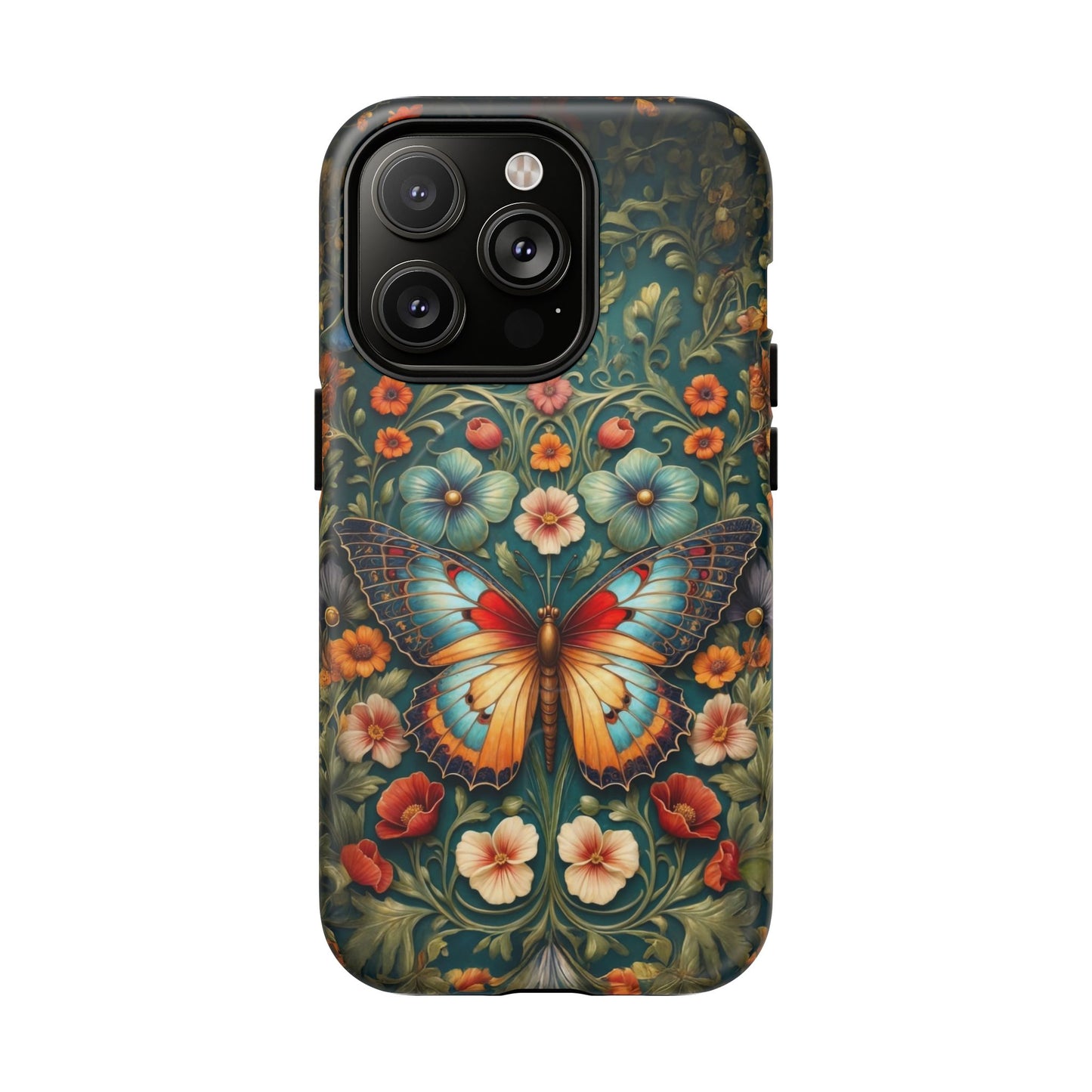 Phone case with a colorful butterfly and floral design on a dark background