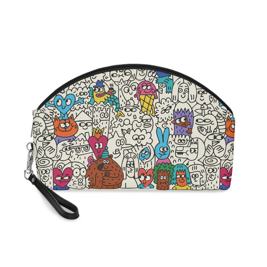Colorful cartoon-patterned pouch with a black strap on a white background