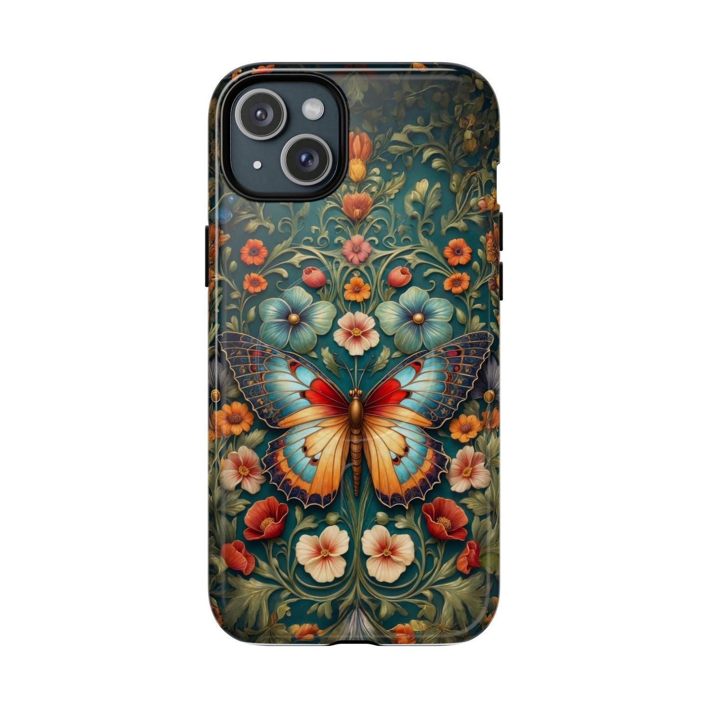 Phone case with a colorful butterfly and floral design on a white background