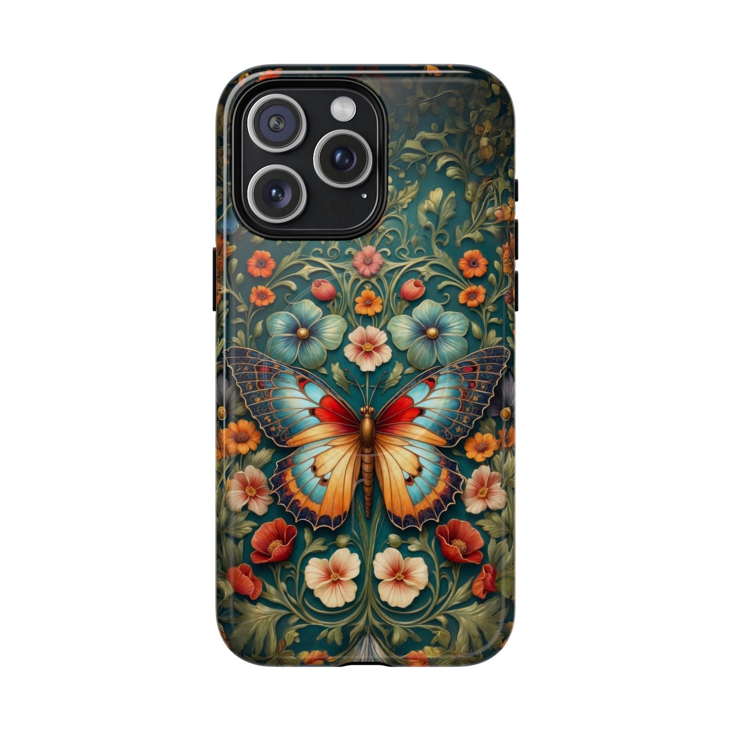 Phone case with a colorful butterfly and floral design on a dark background