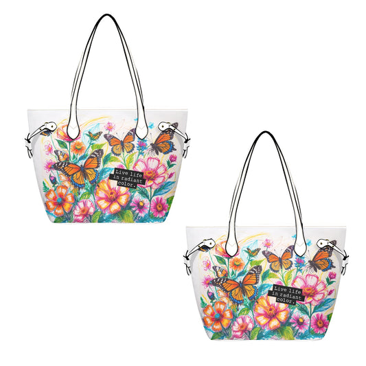 Vibrant Butterfly & Floral Tote Bag - PU Leather Carryall