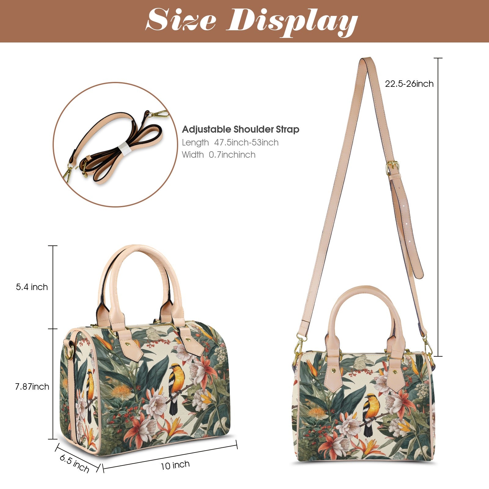 Floral-patterned handbag with adjustable shoulder strap and measurements on a white background