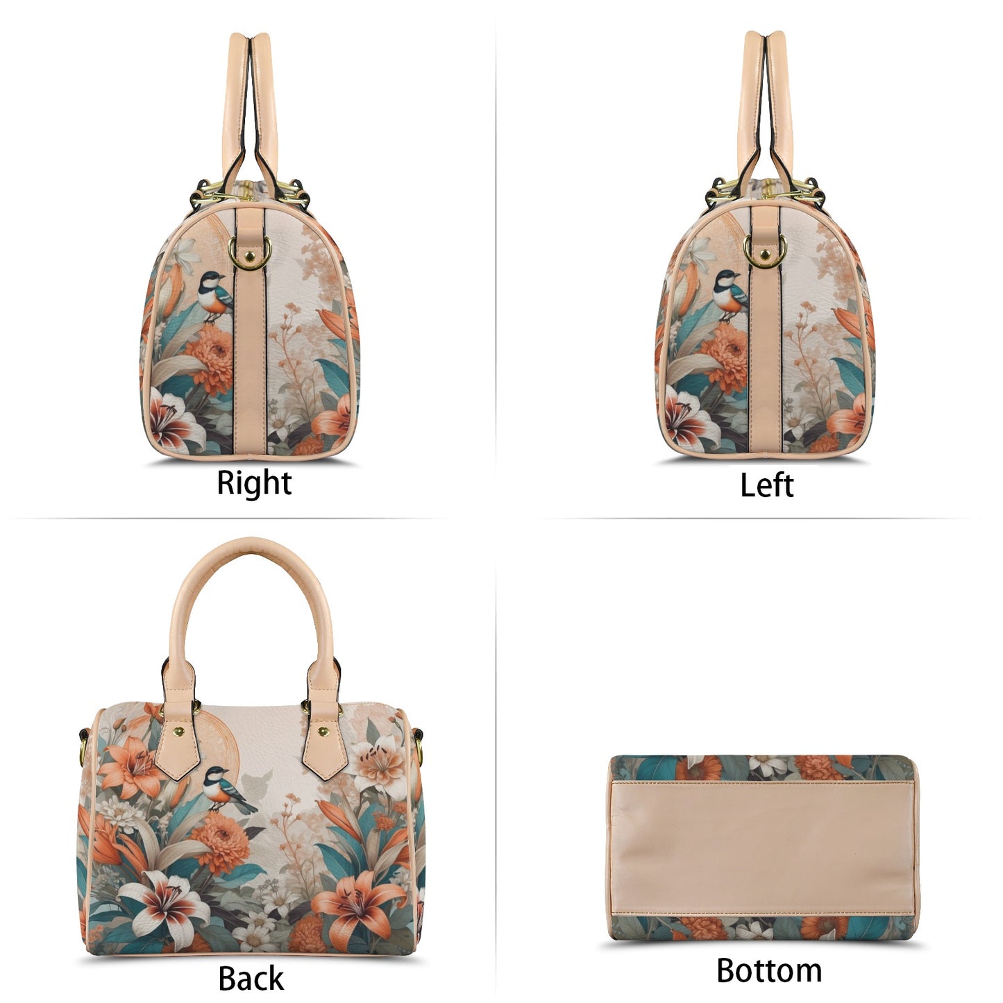 Elegant PU Leather Handbag with Floral & Bird Print