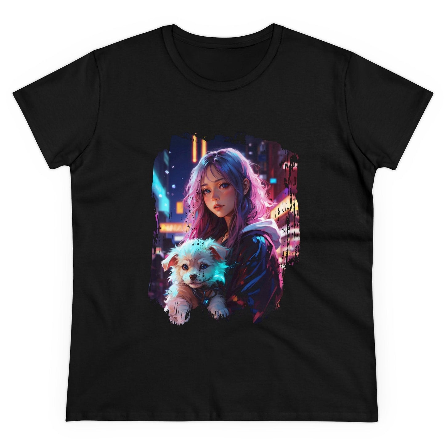 Anime Girl and Puppy Women’s Tee - S / Black - T-Shirt