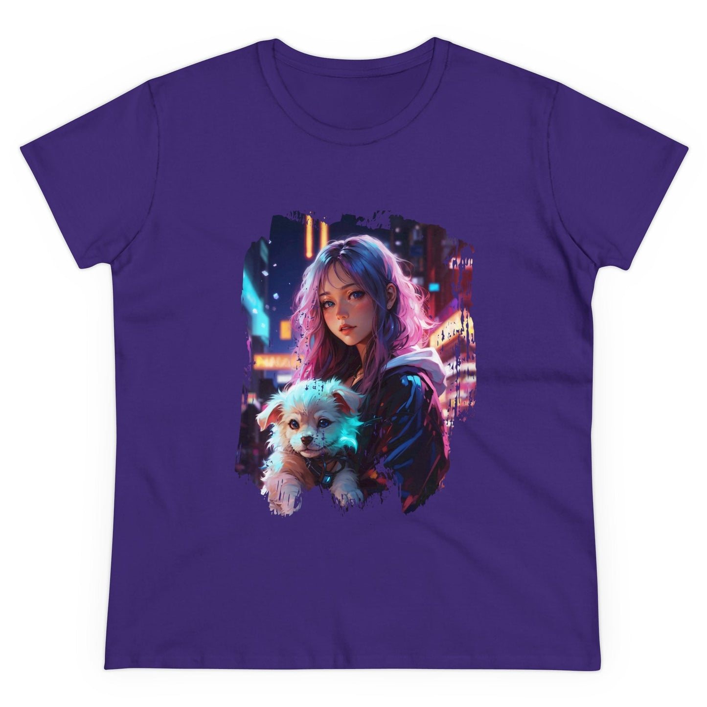 Anime Girl and Puppy Women’s Tee - S / Purple - T-Shirt