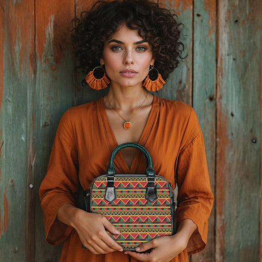 Woman holding a patterned handbag against a rustic wooden background
