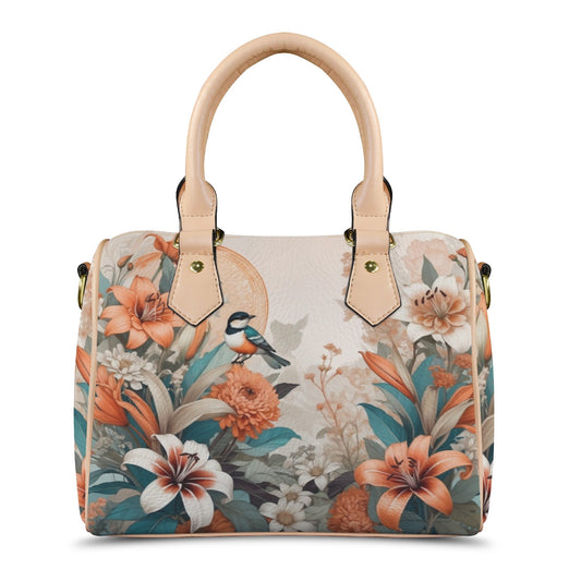 Elegant PU Leather Handbag with Floral & Bird Print