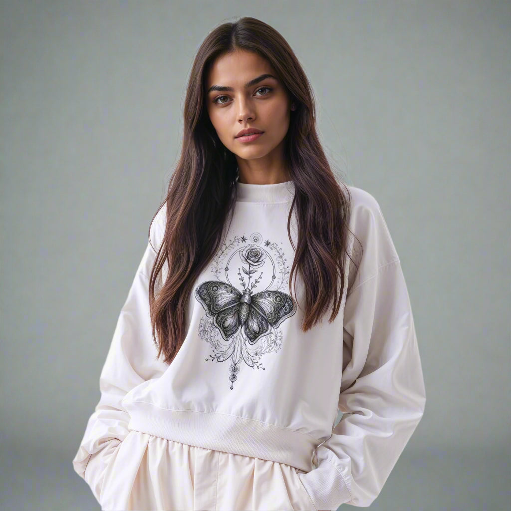 Ornamental butterfly and rose graphic sweatshirt in off-white, shown on a female model for style and fit reference. Black and white artistic print.