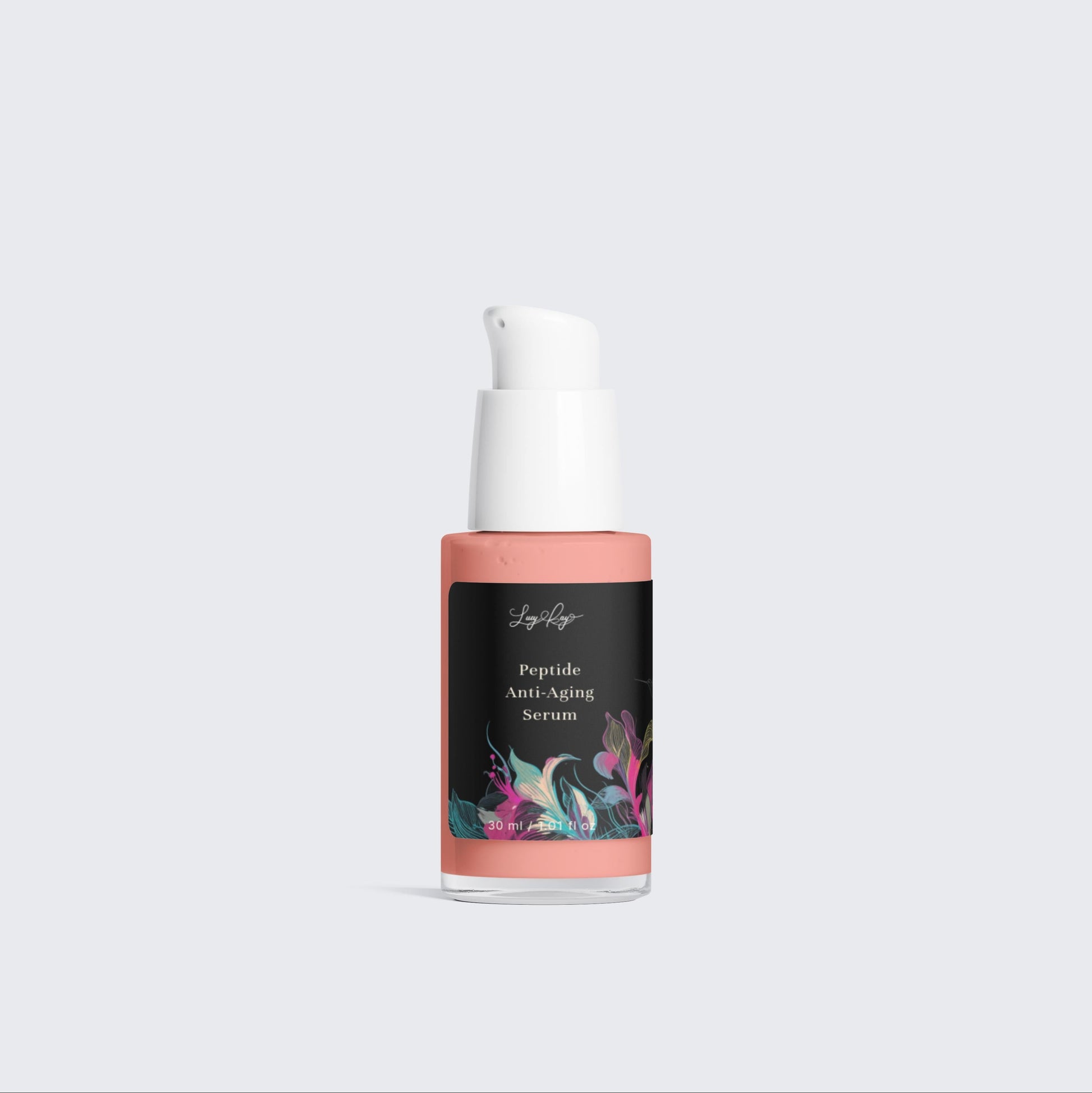 Skincare serum bottle with floral label on a light gray background