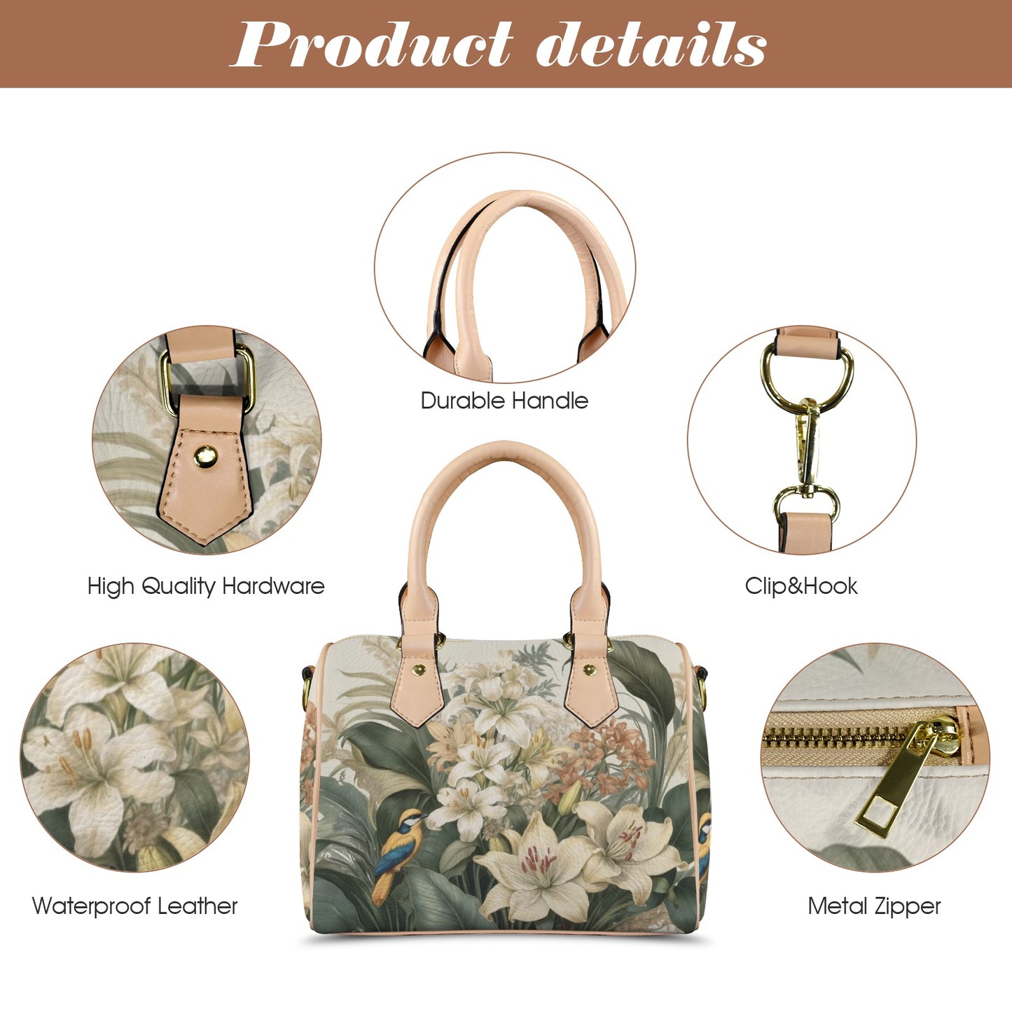 Tropical Floral Bird Print PU Leather Handbag
