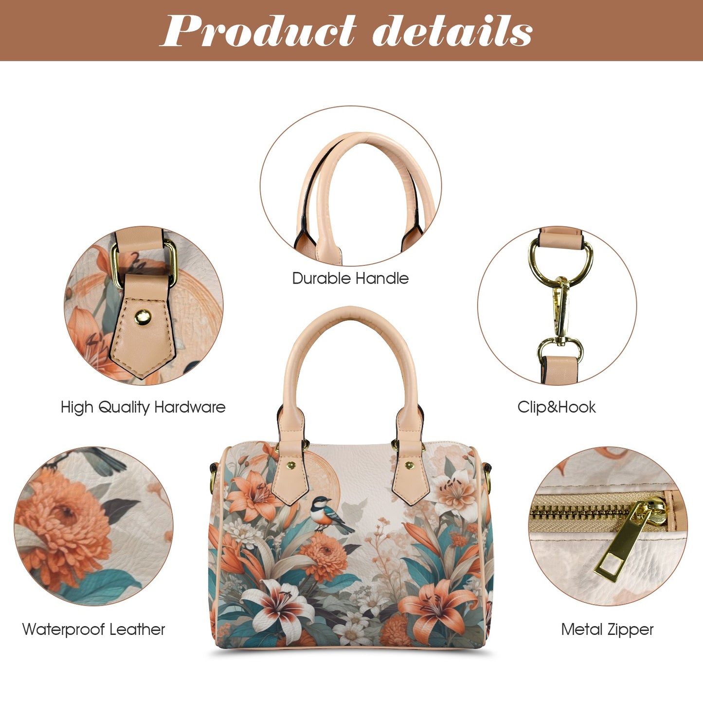 Elegant PU Leather Handbag with Floral & Bird Print