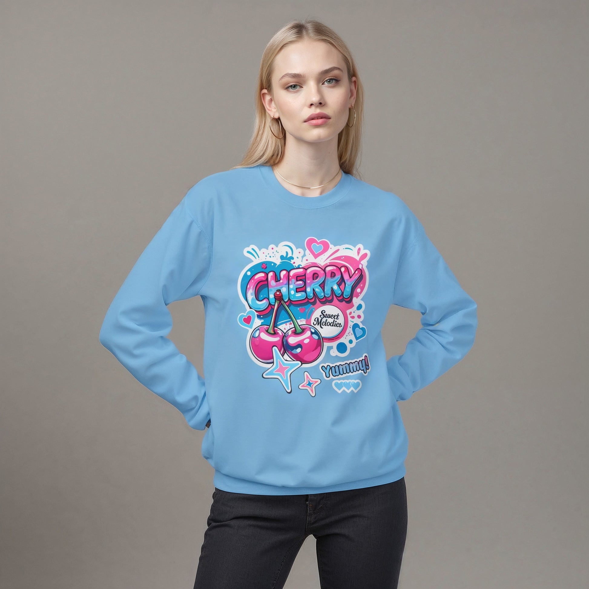 Cherry Graphic Sweatshirt- Unisex Softstyle Fleece Jumper - Blue Sweatshirt