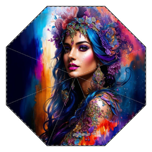 Colorful Artistic Floral Umbrella - Semi-Automatic Foldable - One size - Accessories