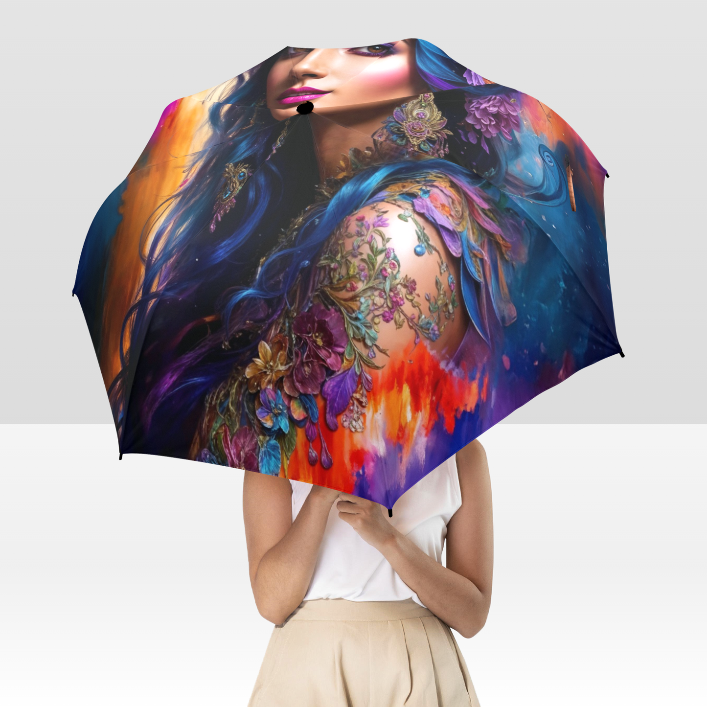 Colorful Artistic Floral Umbrella - Semi-Automatic Foldable - One size - Accessories