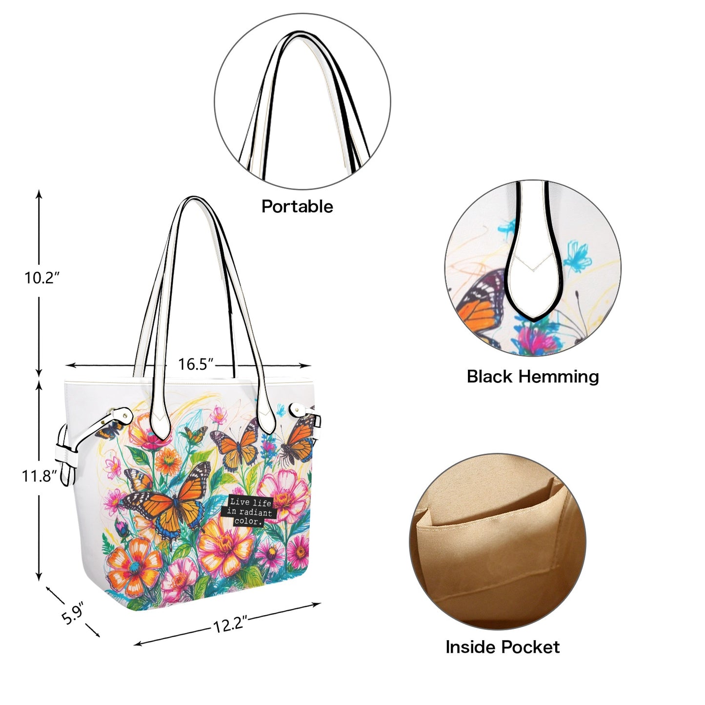 Vibrant Butterfly & Floral Tote Bag - PU Leather Carryall