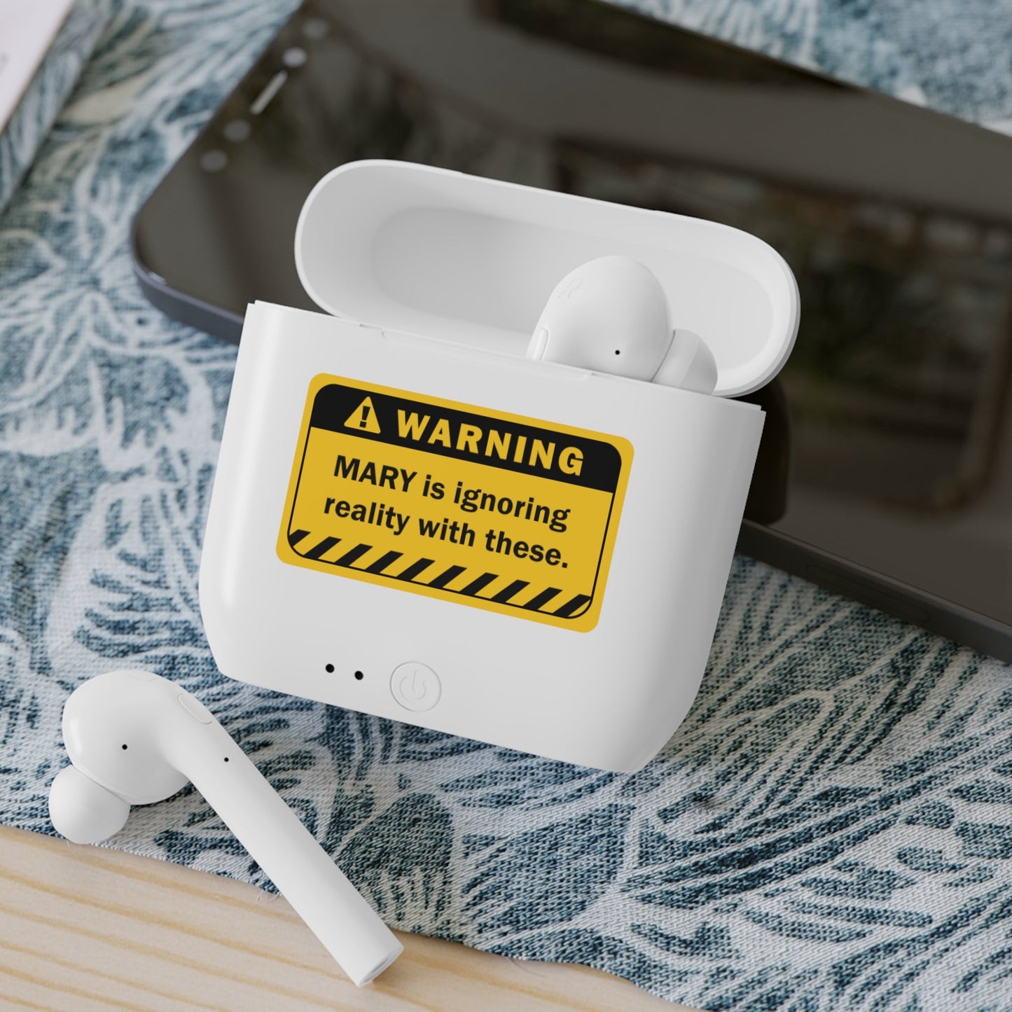 Earbuds | Funny Warning Sign Customizable Name - White / One size - Accessories