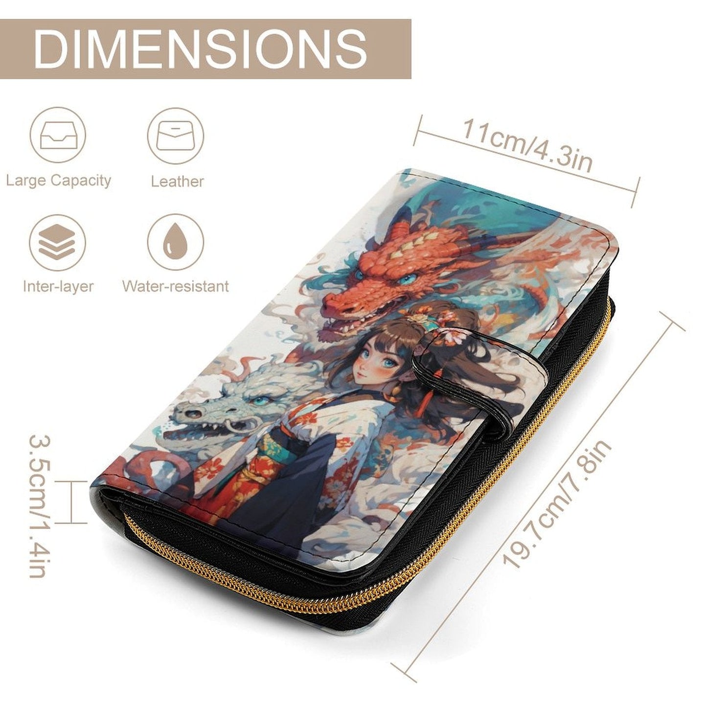 Elegant Dragon & Girl PU Leather Wallet in Anime Style art - white / 19.7x11x3.5cm - Wallets