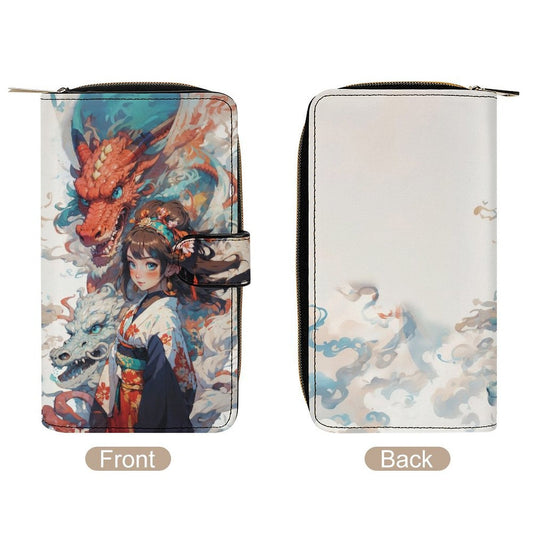 Elegant Dragon & Girl PU Leather Wallet in Anime Style art - white / 19.7x11x3.5cm - Wallets