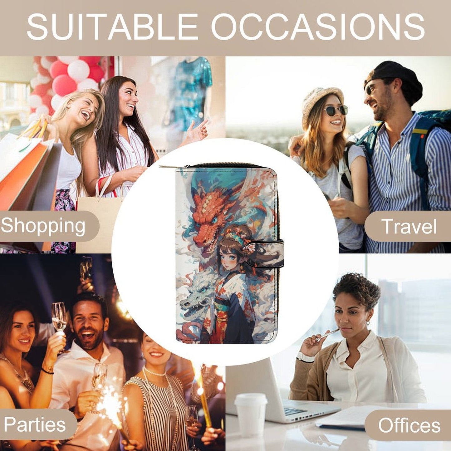 Elegant Dragon & Girl PU Leather Wallet in Anime Style art - white / 19.7x11x3.5cm - Wallets