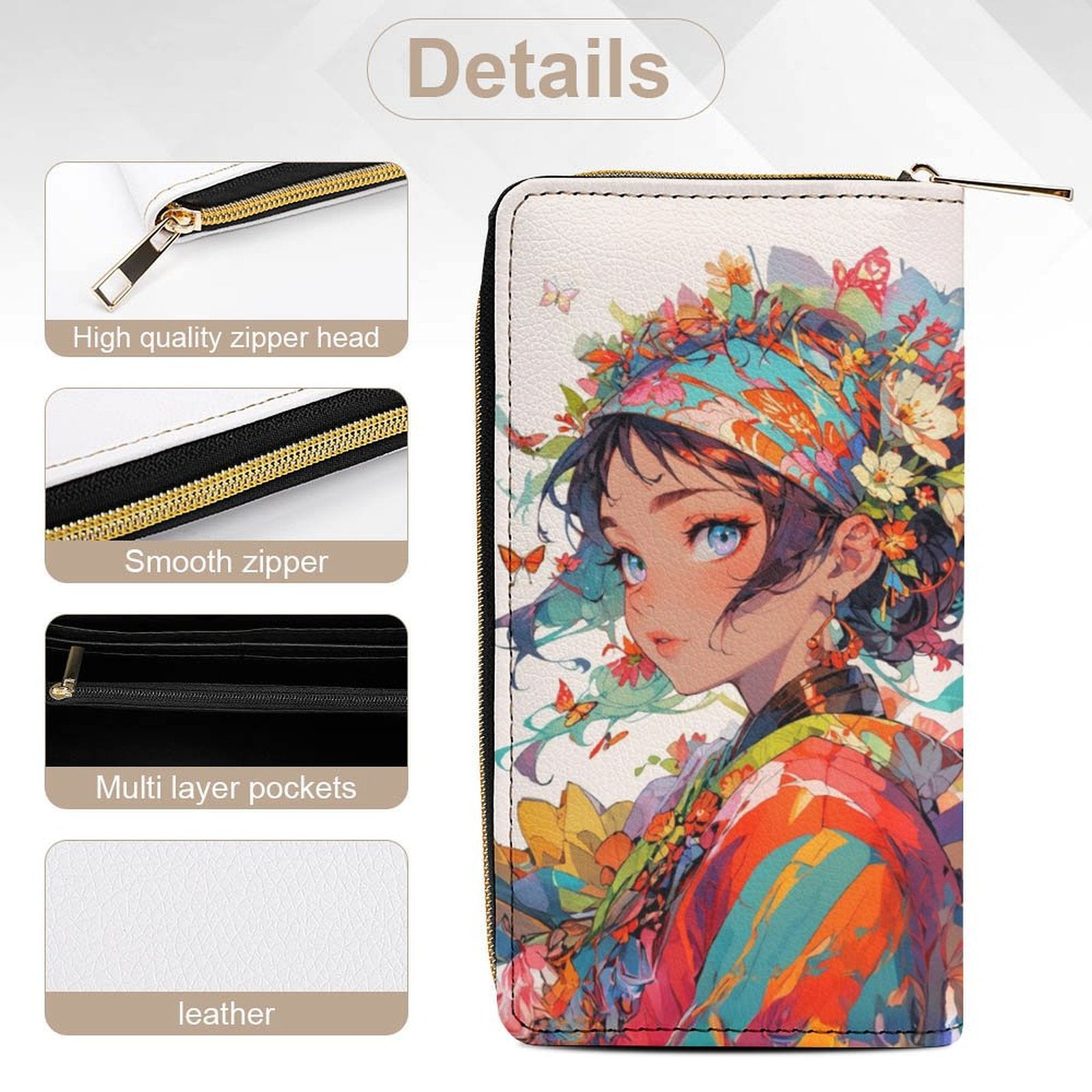 Floral Anime Muse - PU Leather Wallet - white / 19.7x10.5cm - Wallets