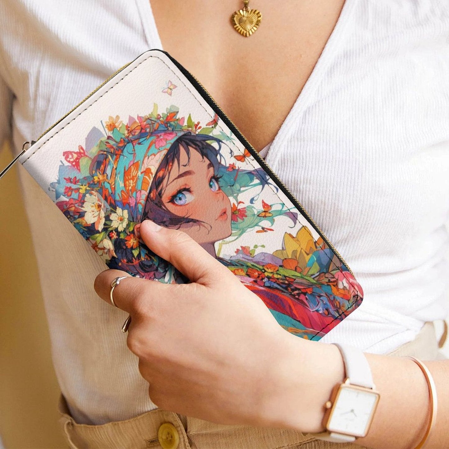 Floral Anime Muse - PU Leather Wallet - white / 19.7x10.5cm - Wallets
