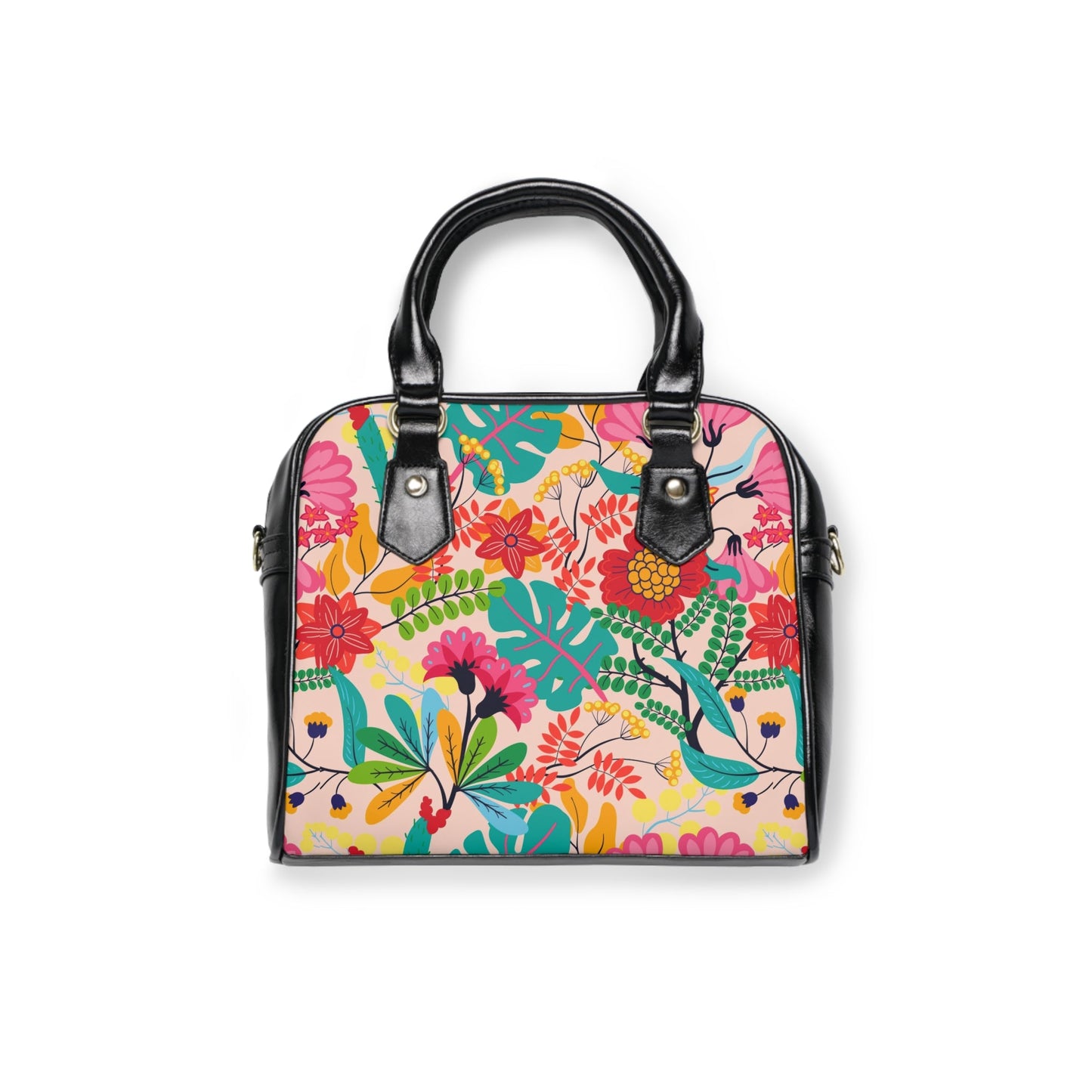 Floral Vegan Leather Shoulder Handbag with Elegant Floral Pattern - 9.45’’ x 8.27’’ / Black - Bags