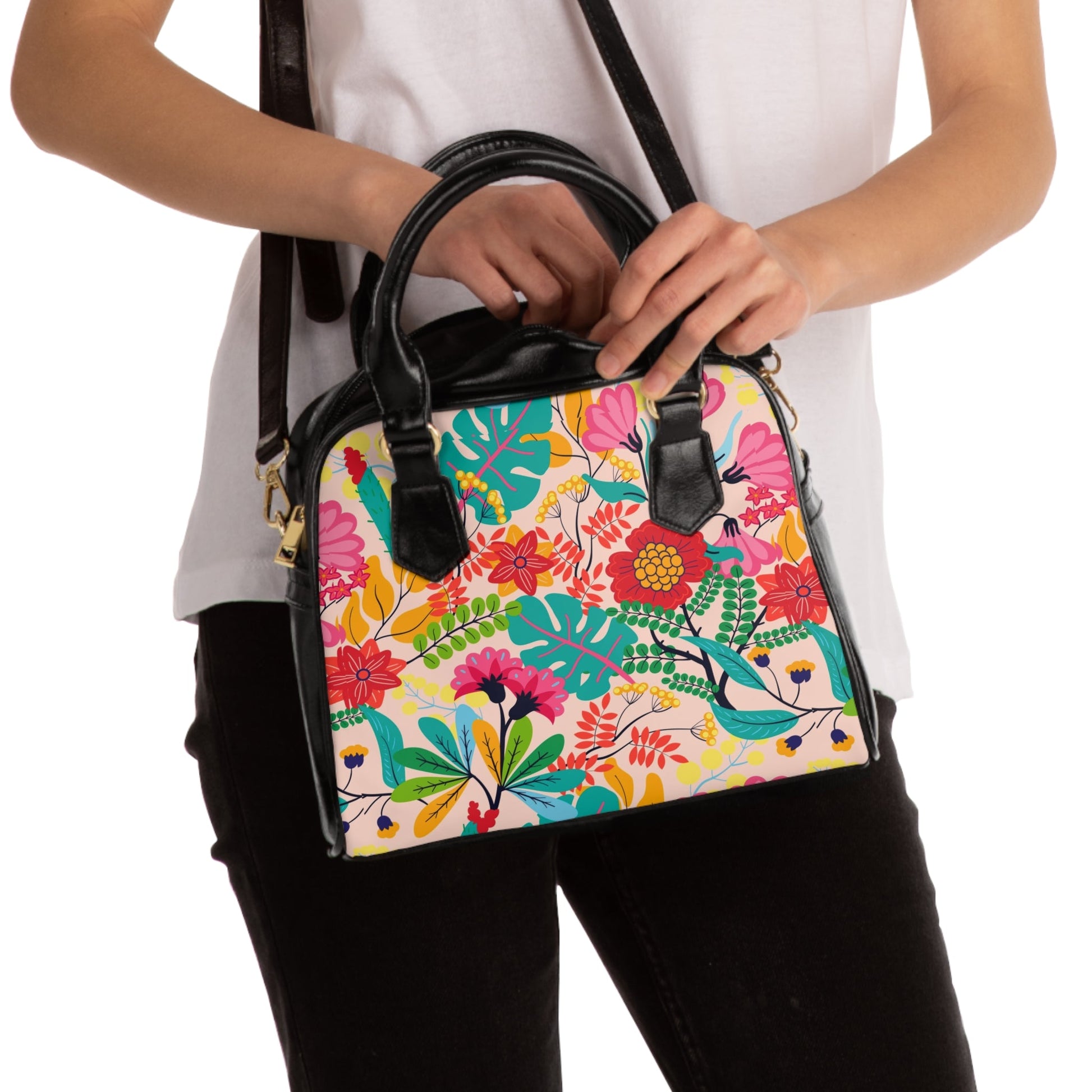 Floral Vegan Leather Shoulder Handbag with Elegant Floral Pattern - 9.45’’ x 8.27’’ / Black - Bags