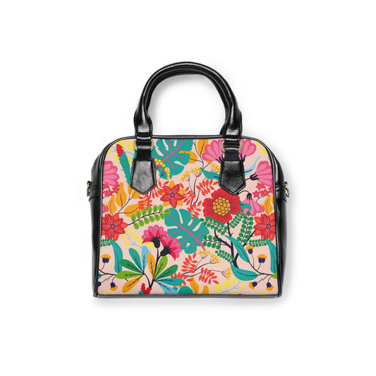 Floral Vegan Leather Shoulder Handbag with Elegant Floral Pattern - 9.45’’ x 8.27’’ / Black - Bags