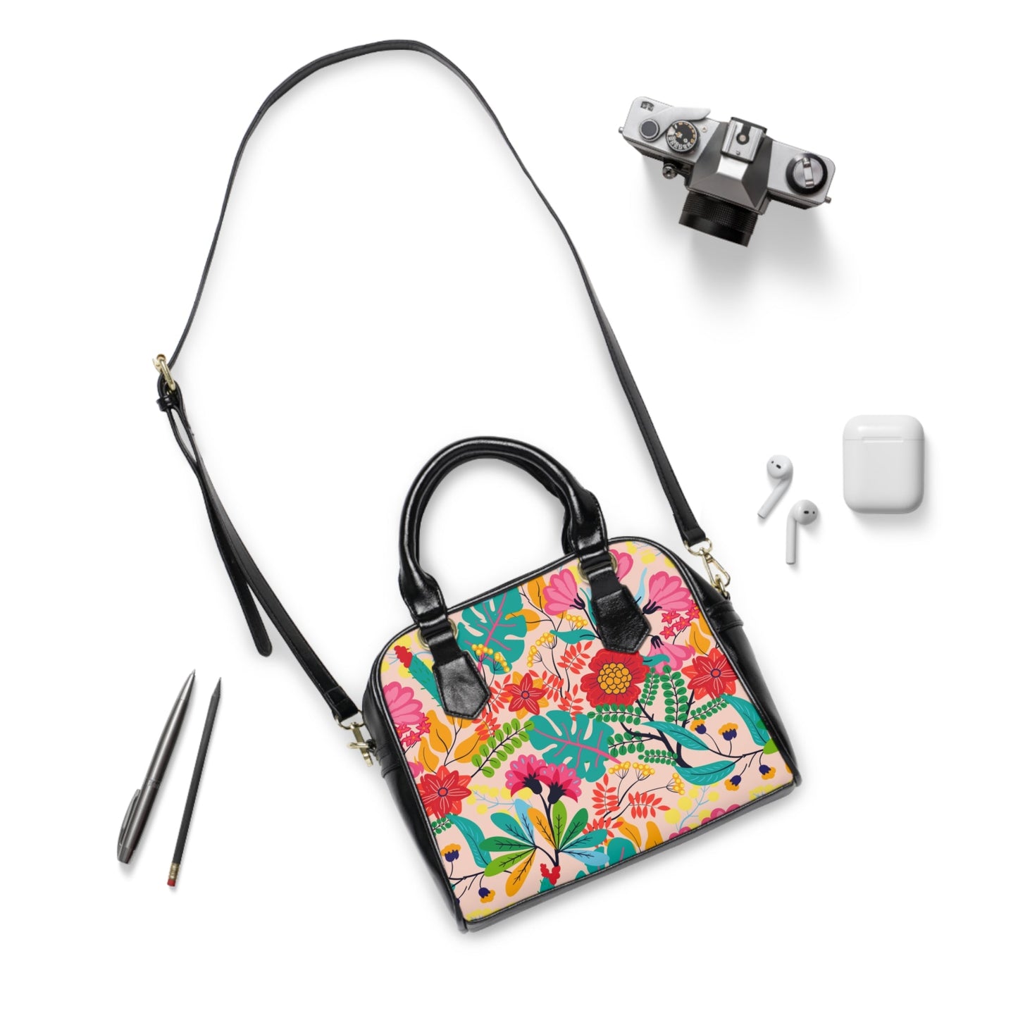 Floral Vegan Leather Shoulder Handbag with Elegant Floral Pattern - 9.45’’ x 8.27’’ / Black - Bags