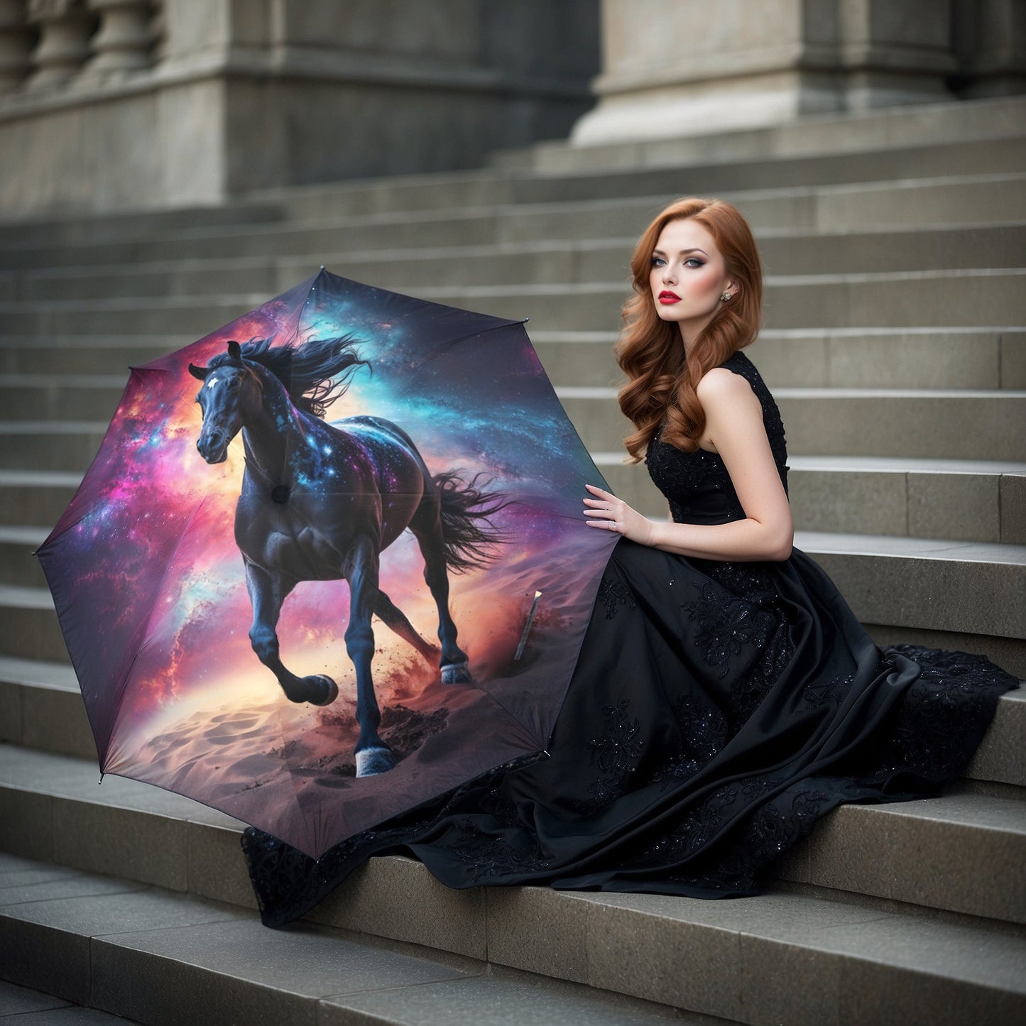 Foldable umbrella - Majestic Black Horse Design - One size - Accessories
