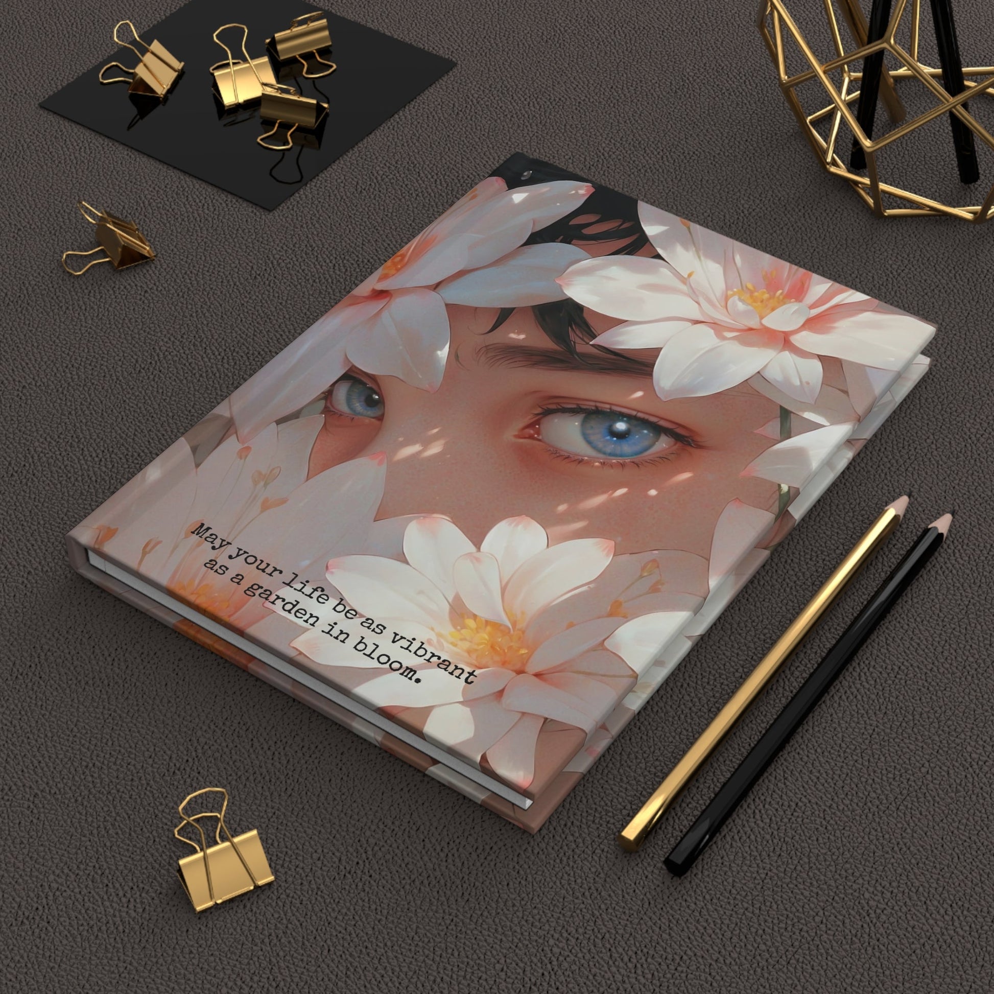 Hardcover Journal Matte - Face Surrounded by White Flowers Art Print A5 - Journal - Paper products