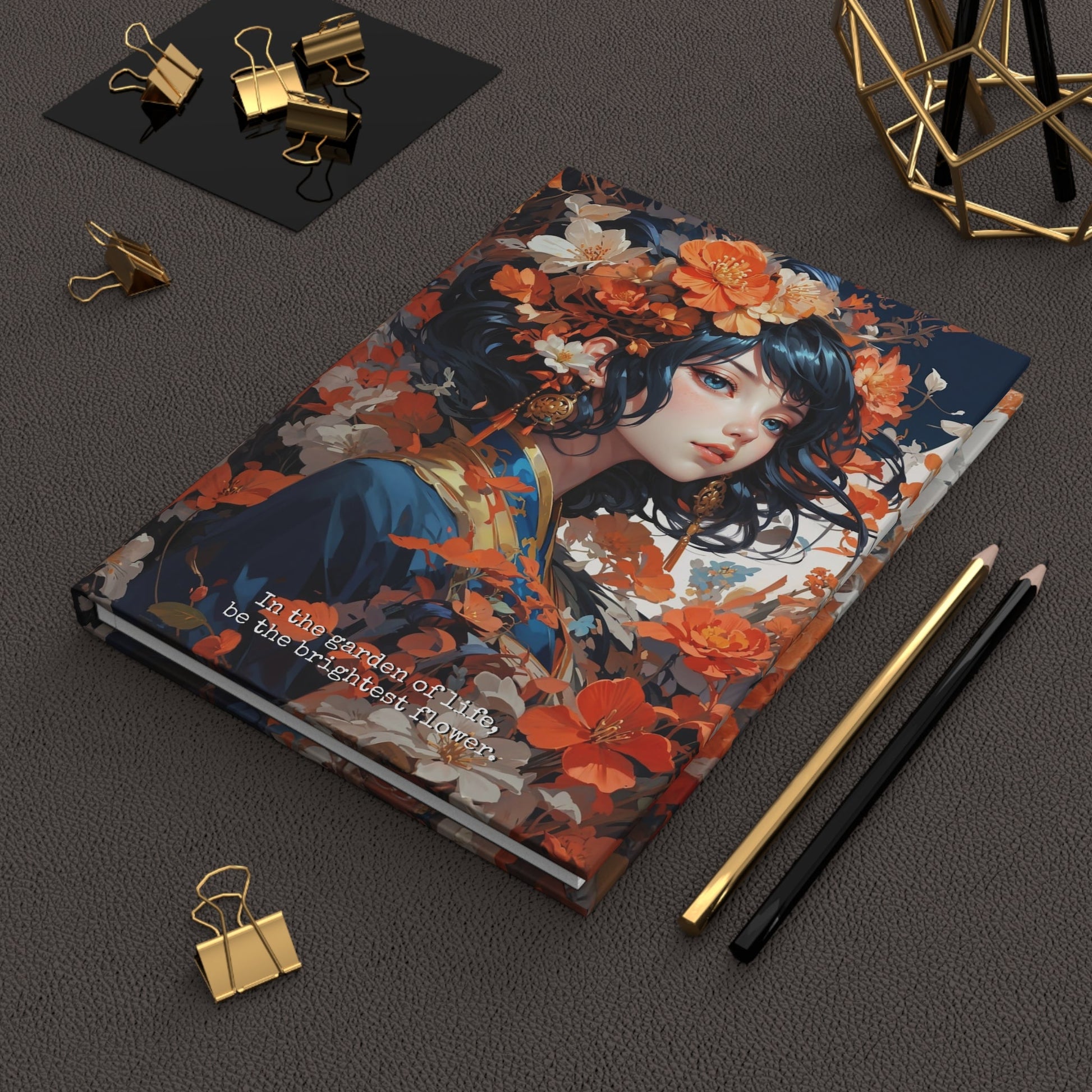 Hardcover Journal Matte - Japanese Girl in Kimono Floral Art Notebook A5 - Journal - Paper products