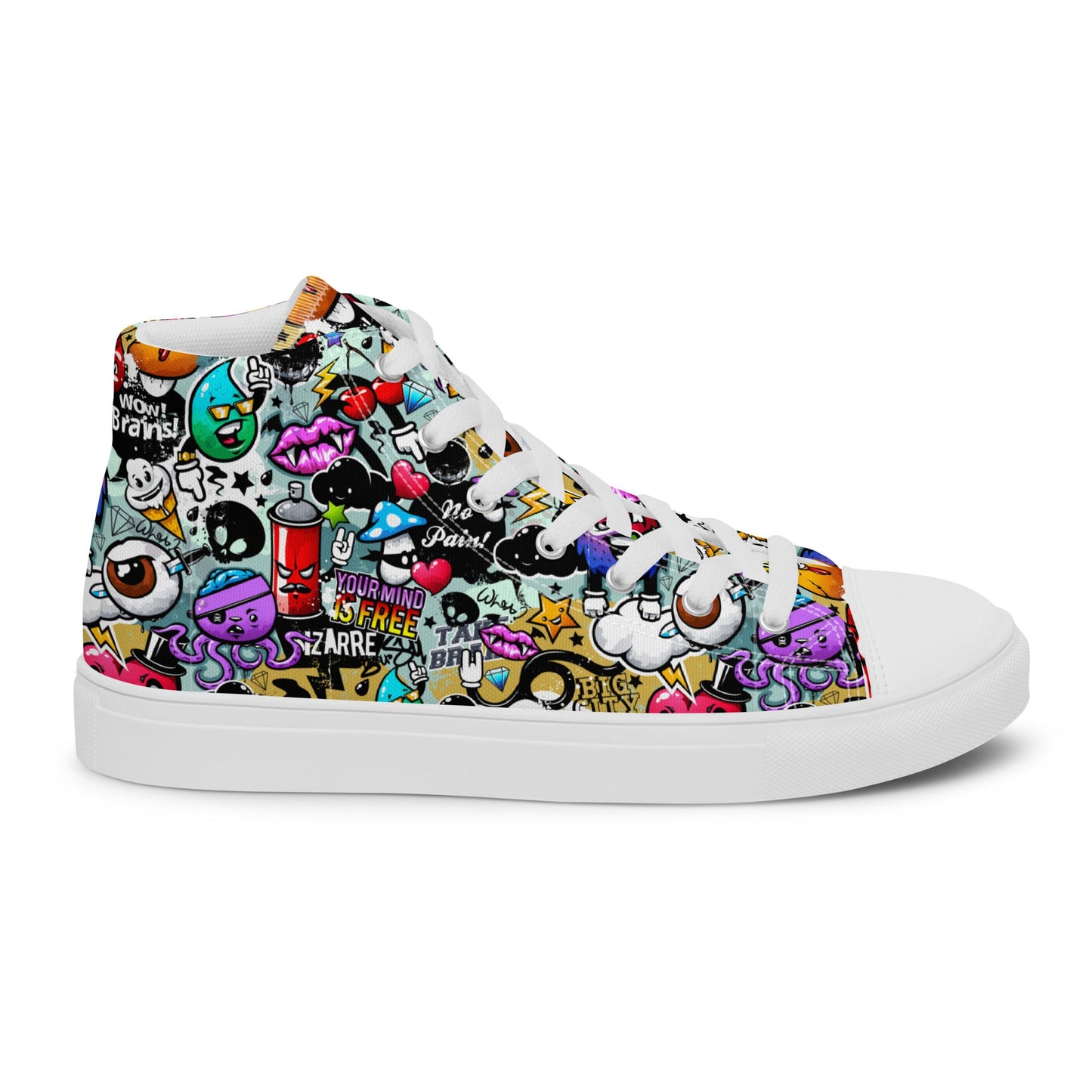 High Top Canvas Shoes! Featuring a vibrant collage of quirky doodles and fun graphics, grafitti style