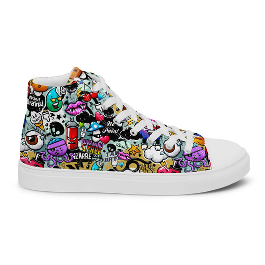 High Top Canvas Shoes! Featuring a vibrant collage of quirky doodles and fun graphics, grafitti style