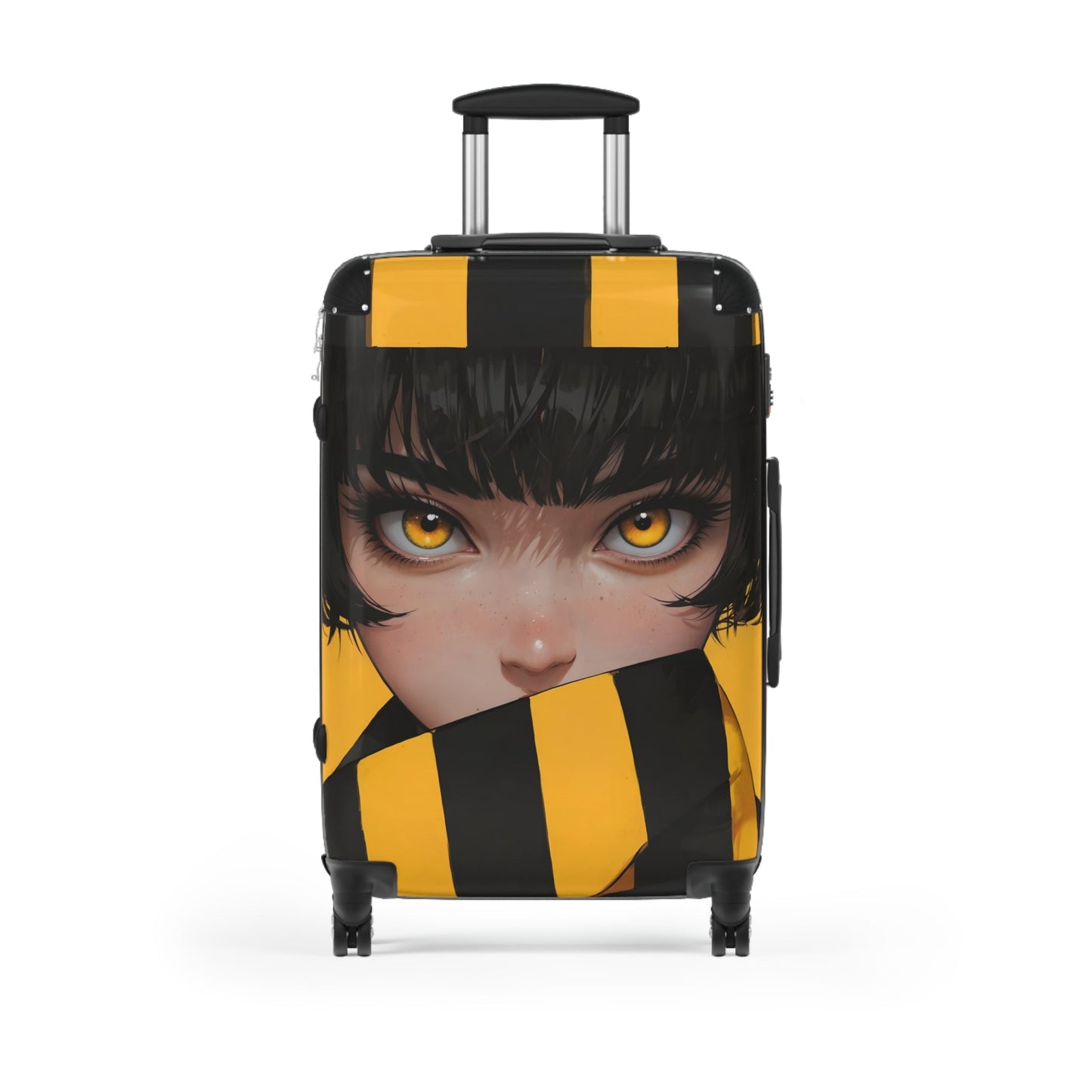 Hoodie - Anime-Inspired Yellow Striped Portrait of a Girl - Bold Character Design - Medium / Black - Bags