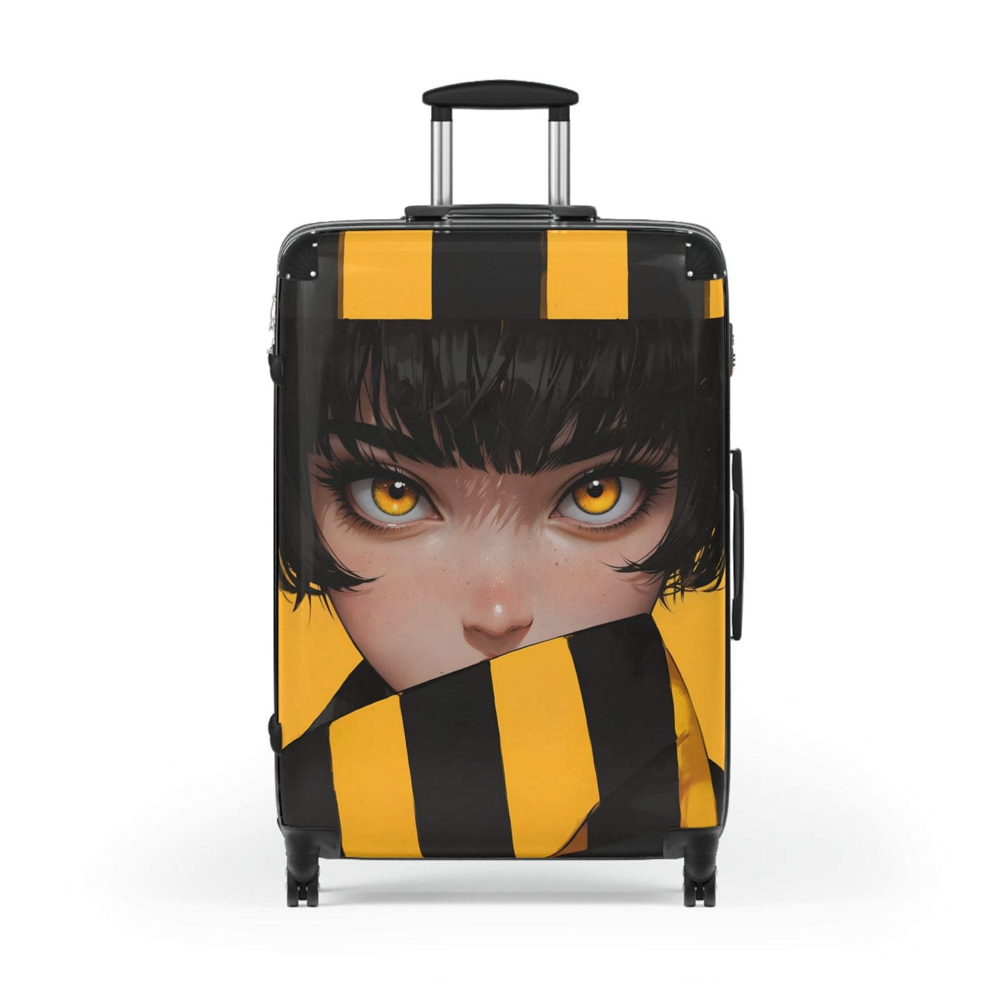 Hoodie - Anime-Inspired Yellow Striped Portrait of a Girl - Bold Character Design - Large / Black - Bags