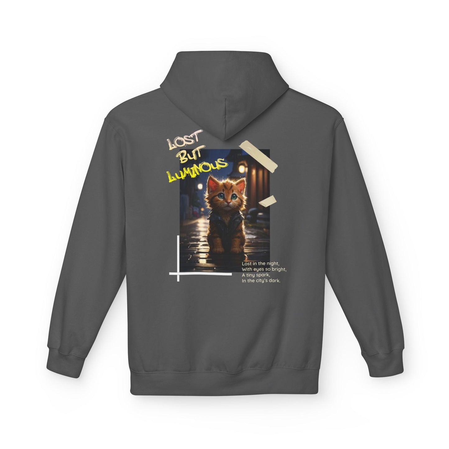 Hoodie with Cute Kitten in Rainy City Night Illustration - Hoodie