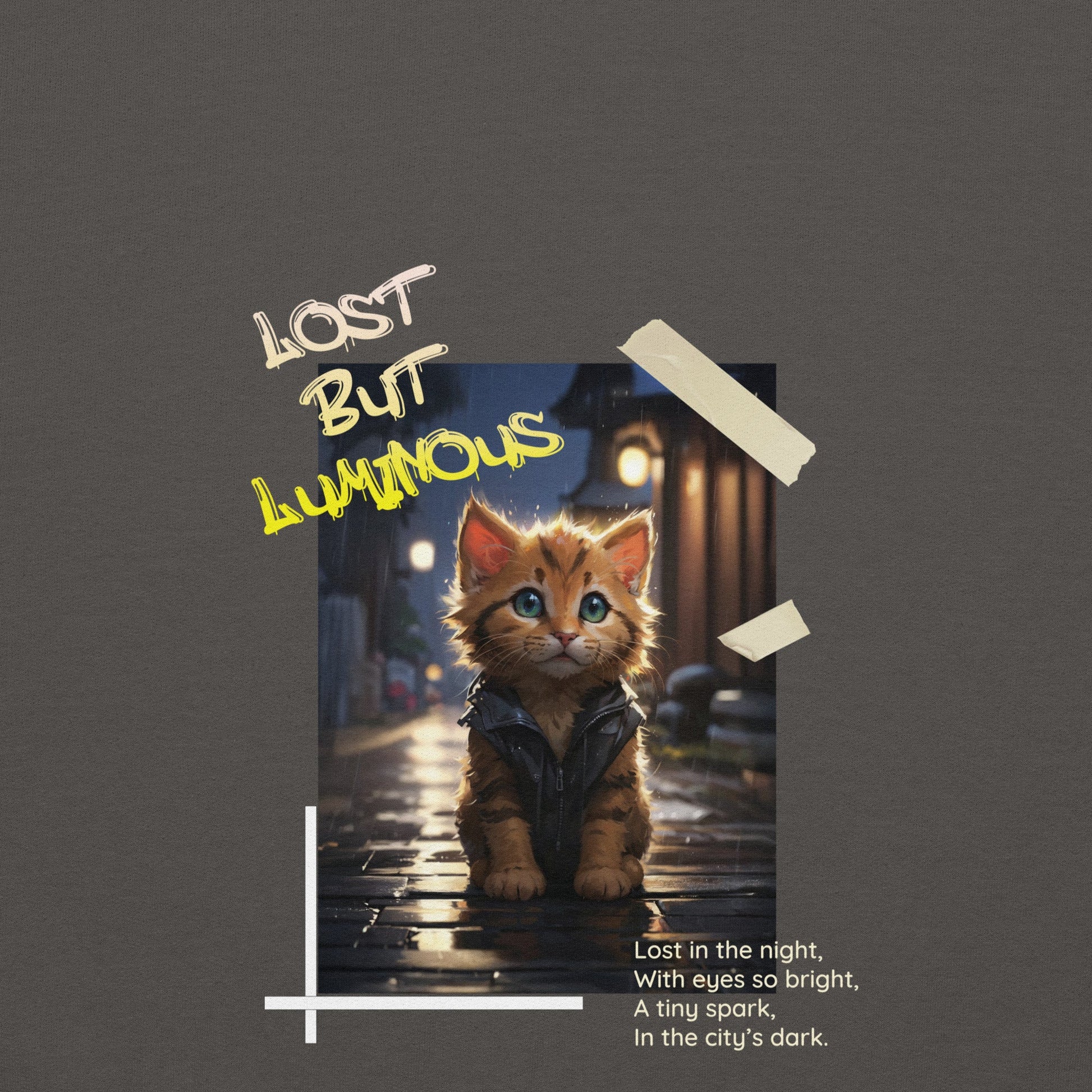 Hoodie with Cute Kitten in Rainy City Night Illustration - Hoodie