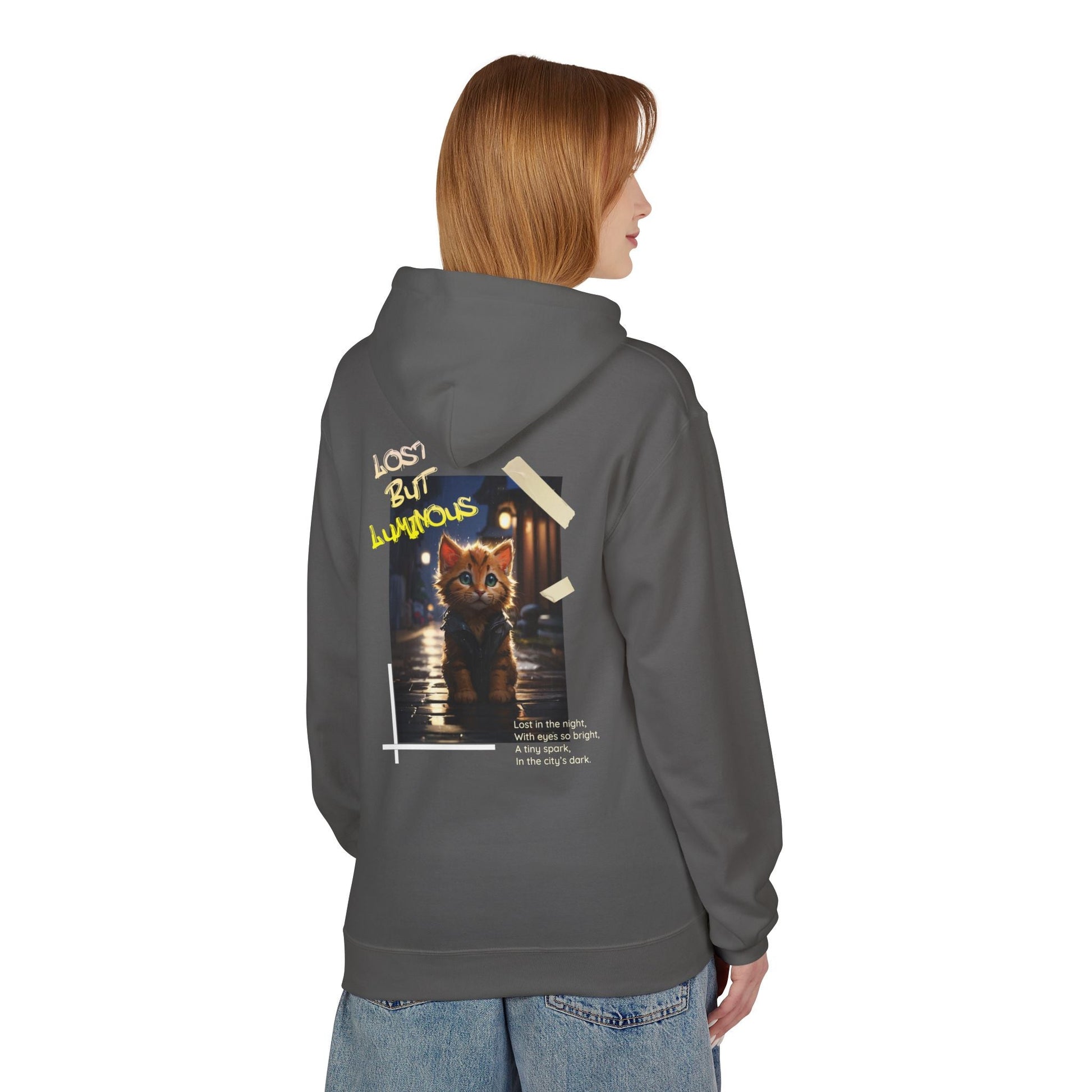 Hoodie with Cute Kitten in Rainy City Night Illustration - Hoodie