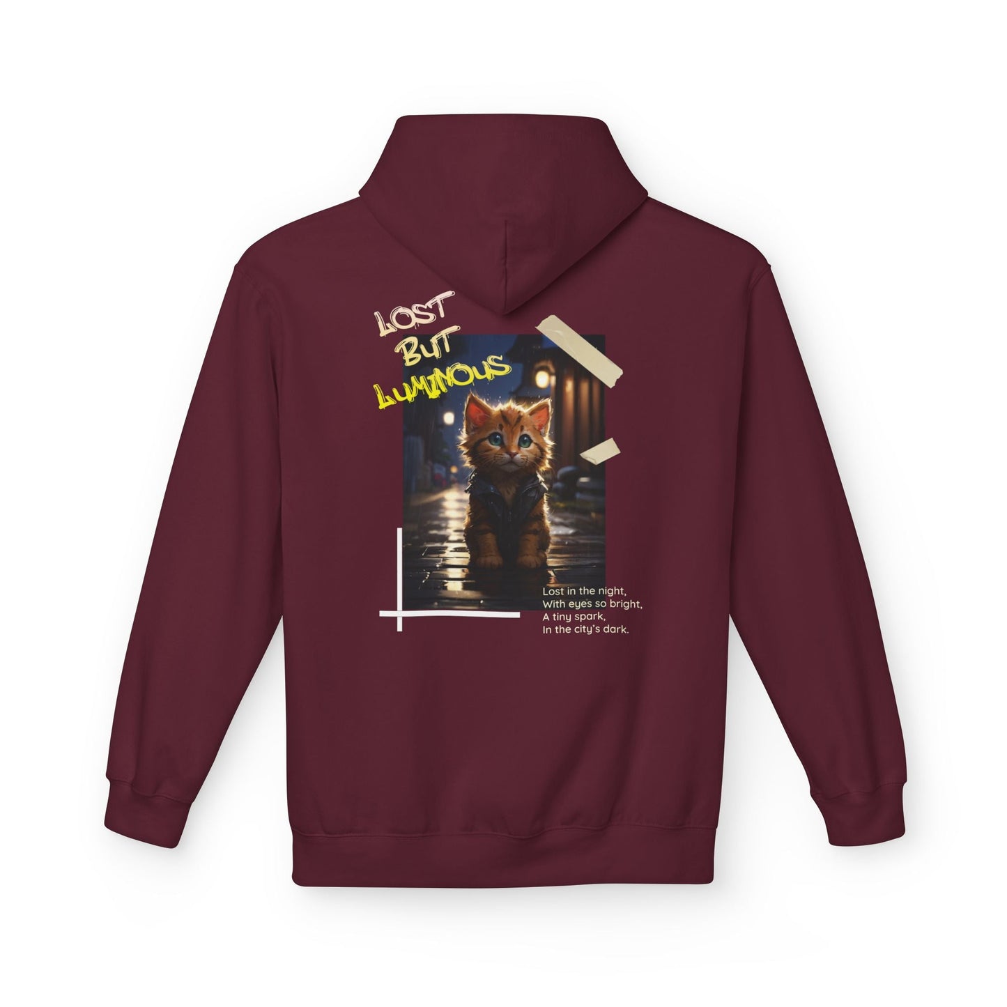 Hoodie with Cute Kitten in Rainy City Night Illustration - Hoodie